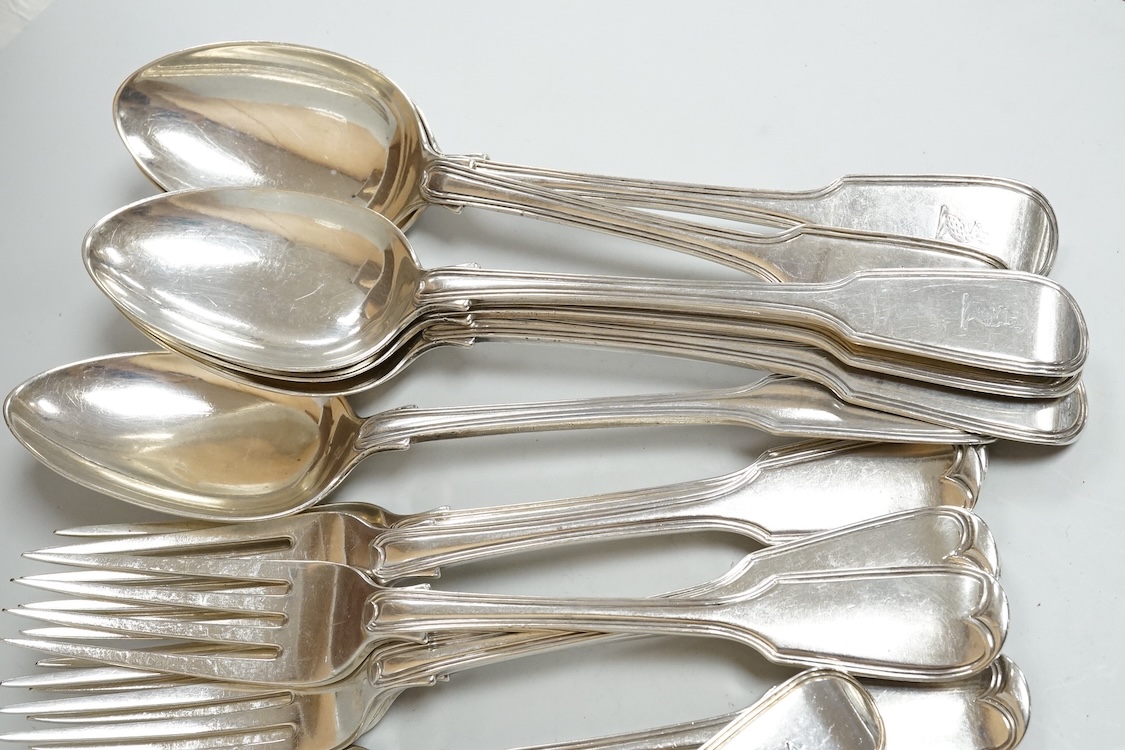 A part canteen of early 19th century silver fiddle and thread pattern flatware by Joseph & Albert Savory, comprising six table and dessert spoons, six table and dessert forks, a pair of sauce ladles, four mustard ladles,